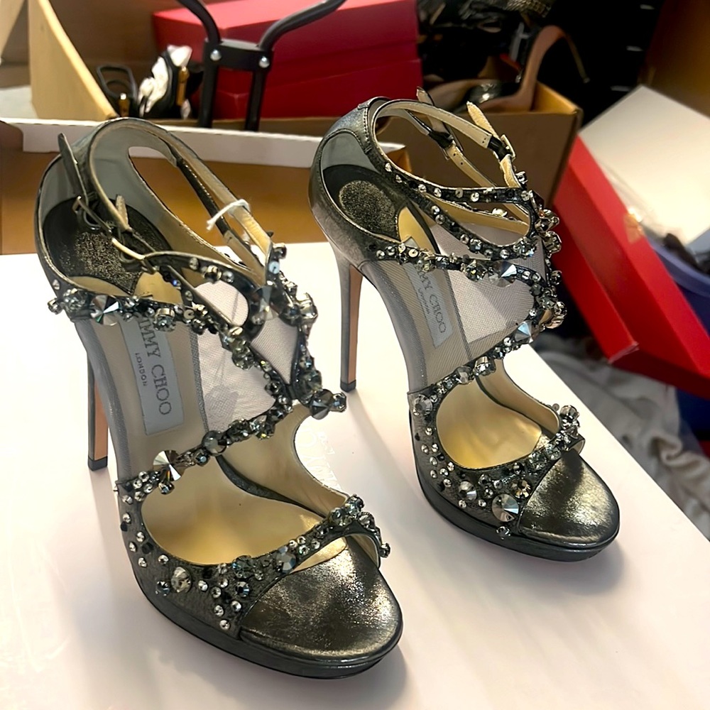 Jimmy Choo Metallic Leather and Mesh Embellished Sandals